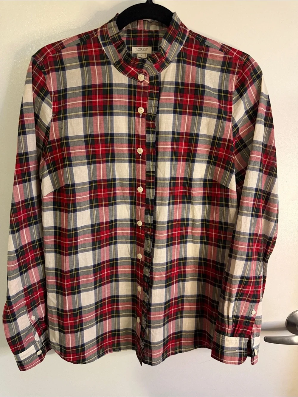 J. Crew Red, White and Blue Plaid Button-Down Shirt w/Ruffle Detail Sz M